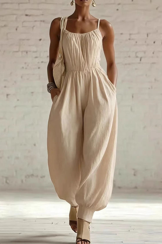 Womens Sleeveless Cotton-Linen Blend Jumpsuit 