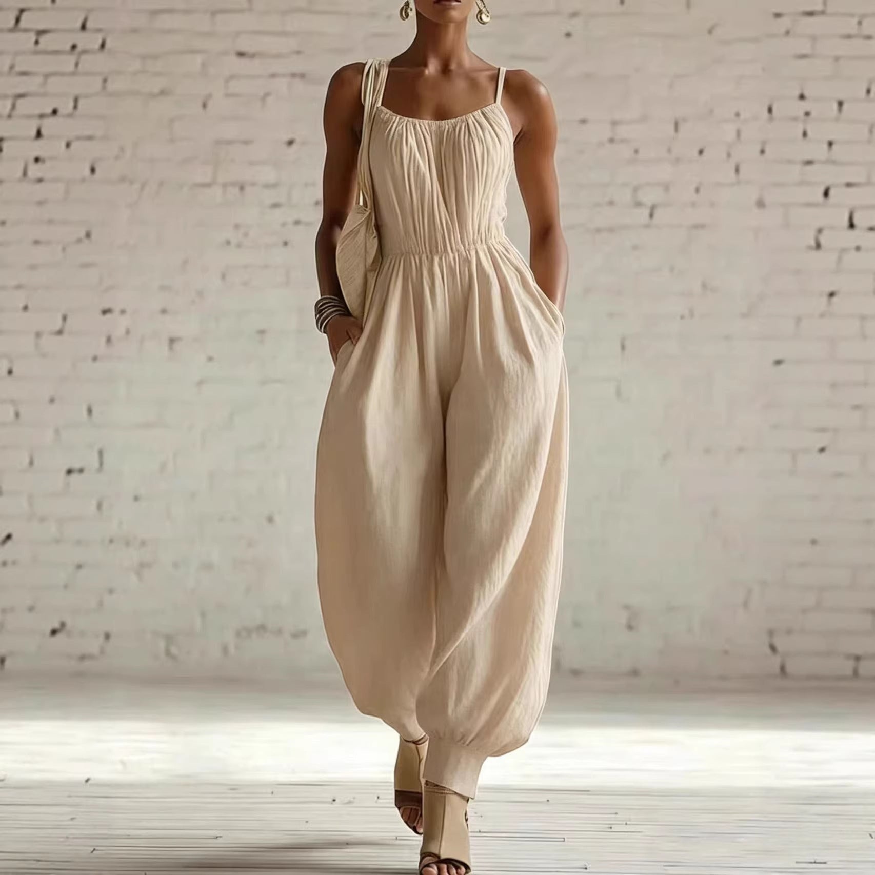 Womens Sleeveless Cotton-Linen Blend Jumpsuit 