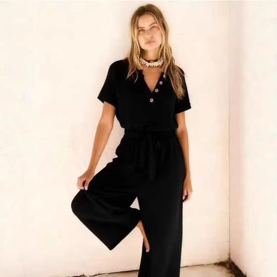 New Womens V-neck Buttoned Short-sleeve Wide-leg Pants With A Tie 