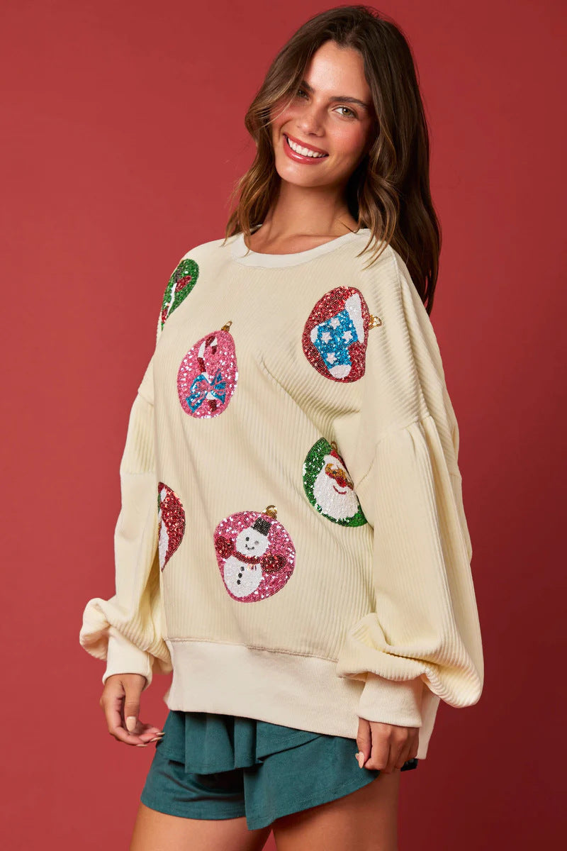 Women's Christmas Egg Sequined Long Sleeve Loose Sweatshirt Top CJ