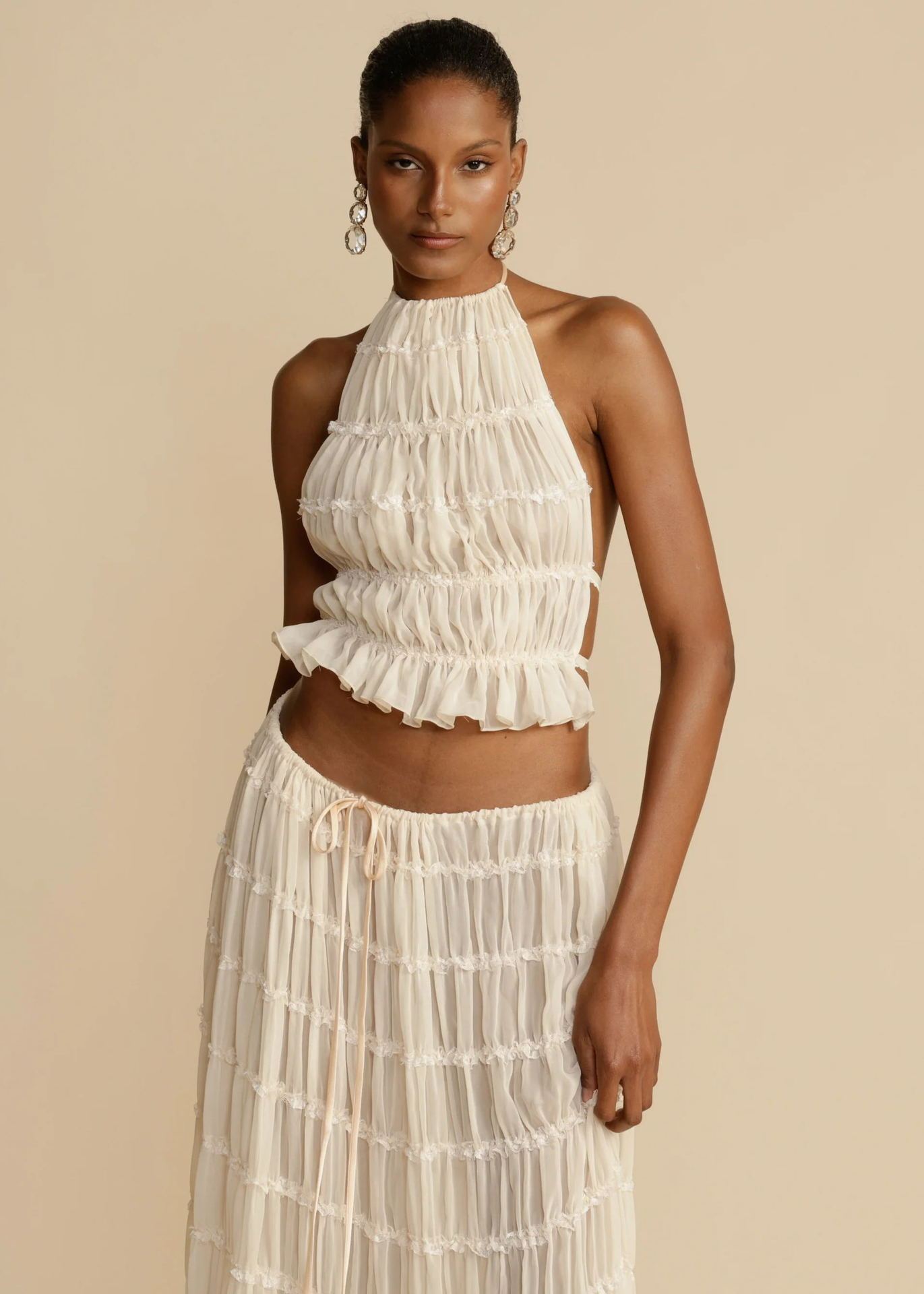 2pcs Women's Dress Suit Sexy Sleeveless Backless Cropped Halter Top And Pleated Long Skirt Beach Clothing FitiqueFit