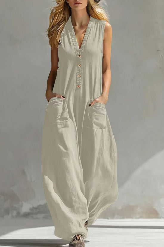 Womens Casual Linen-Cotton Sleeveless Jumpsuit With Two Pocket Straps 