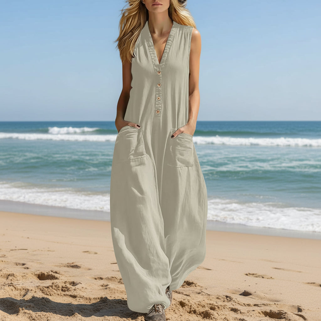 Womens Casual Linen-Cotton Sleeveless Jumpsuit With Two Pocket Straps 