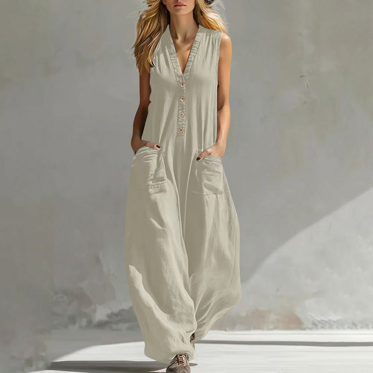 Womens Casual Linen-Cotton Sleeveless Jumpsuit With Two Pocket Straps 