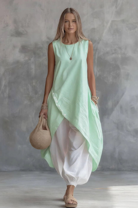 Solid-color Sleeveless Loose-fit Dress With Patch Pockets 