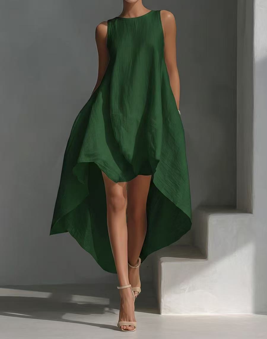 Sleeveless High-Low Irregular Hem Linen Blend Dress 