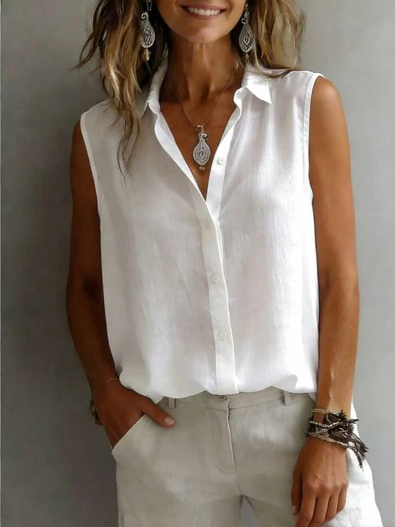 Women's Solid Color Casual Lapel Sleeveless Shirt 