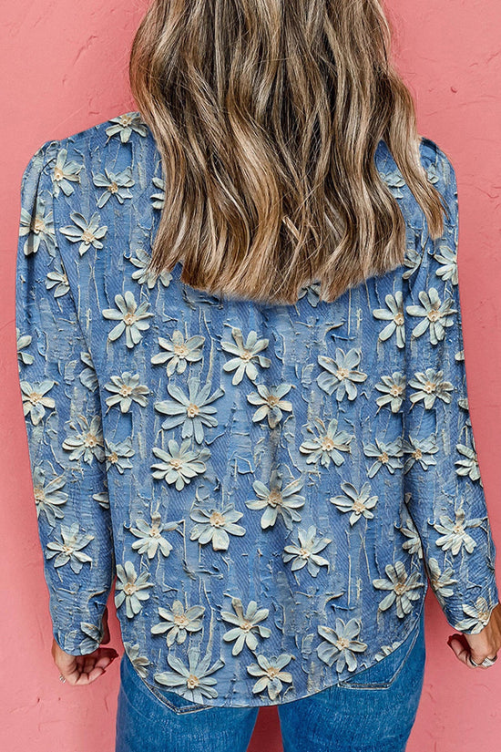 Retro Printed Chiffon Blouse Womens Textured Long-Sleeve Top 