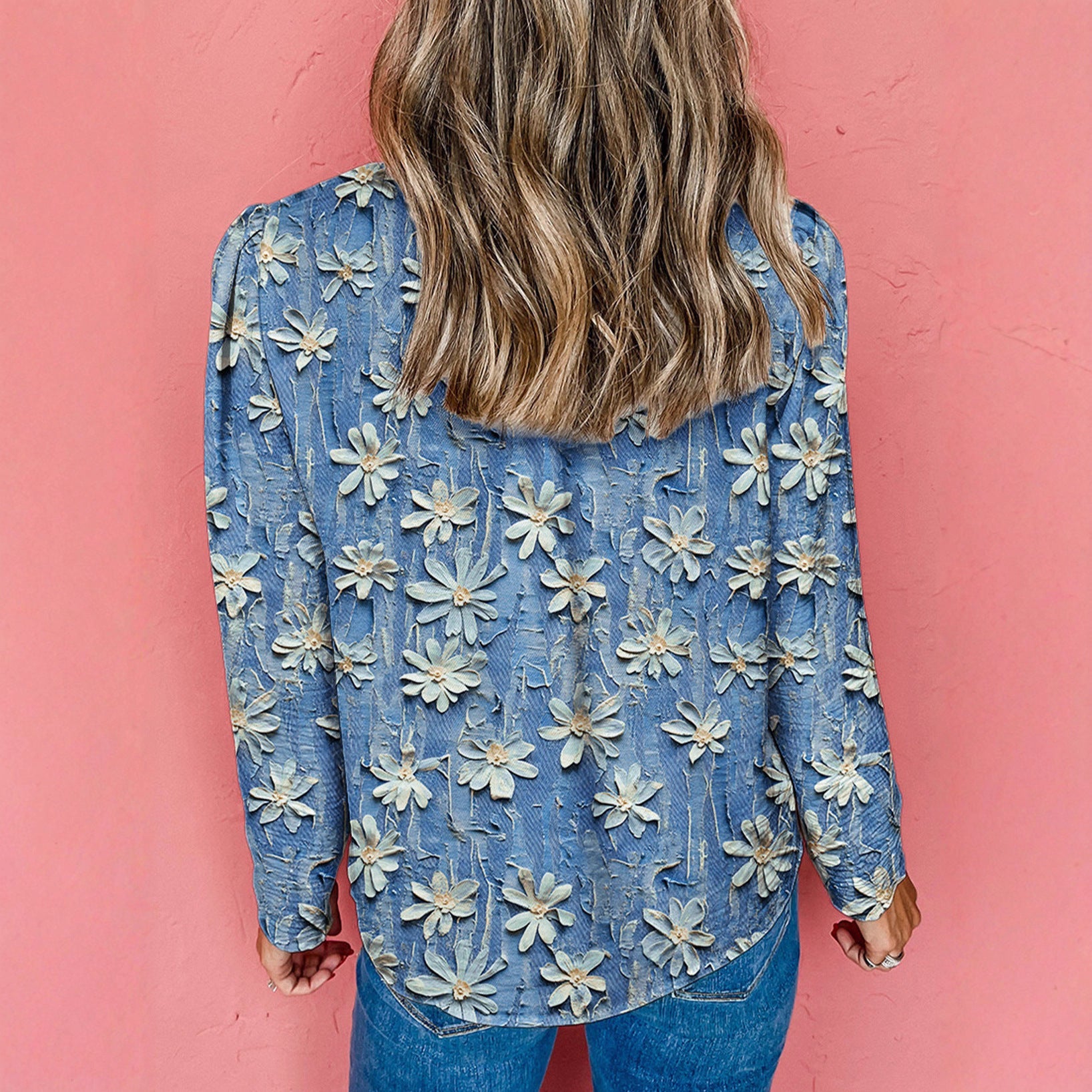 Retro Printed Chiffon Blouse Womens Textured Long-Sleeve Top 