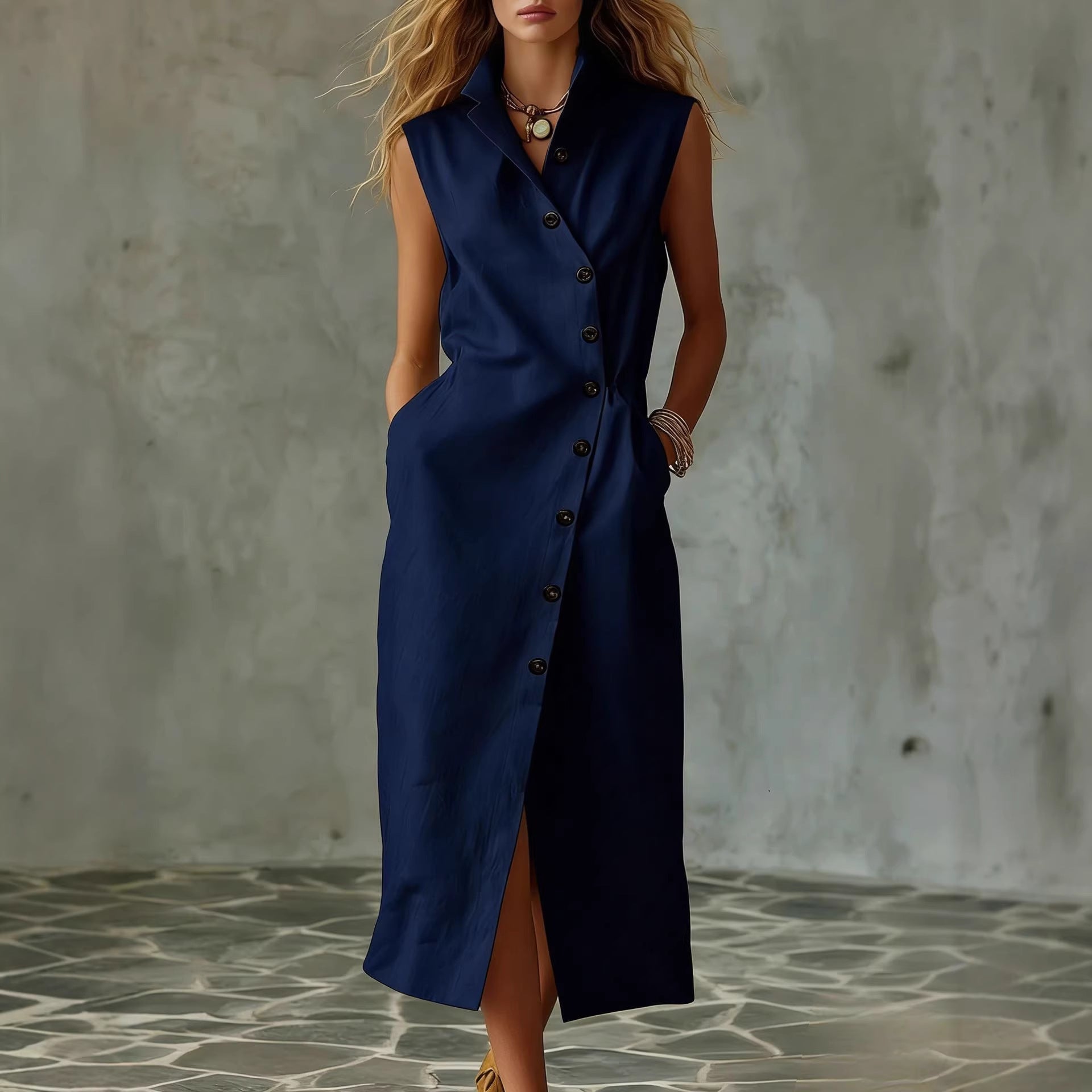 Slim-fit Elegant Single-breasted Dress With A Stand-up Collar For Women 