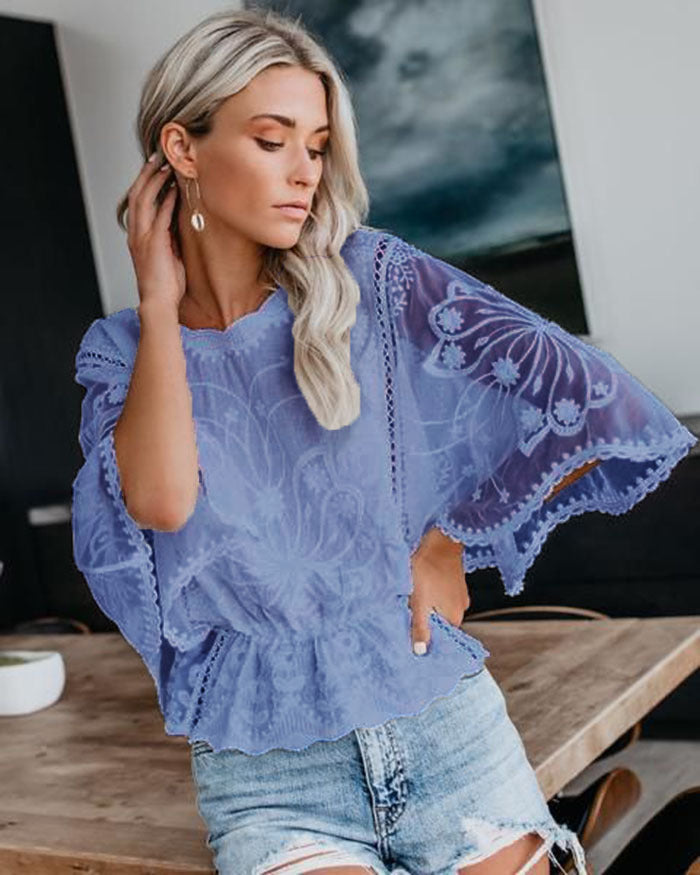 Womens New Arrival Lace Trim Top Short-Sleeve Shirt Loose Batwing Sleeve 
