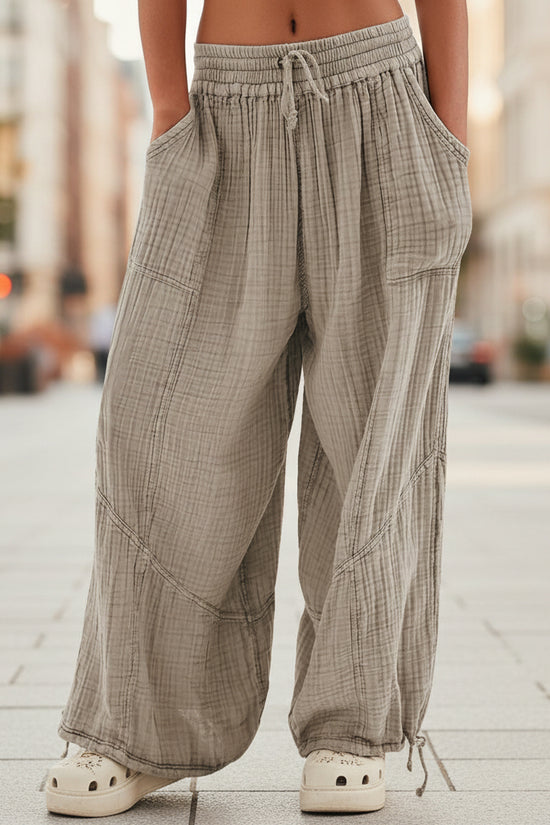 Fashionable Solid-Colored Wide-Leg Pants With Ties And Pockets Long Pants 