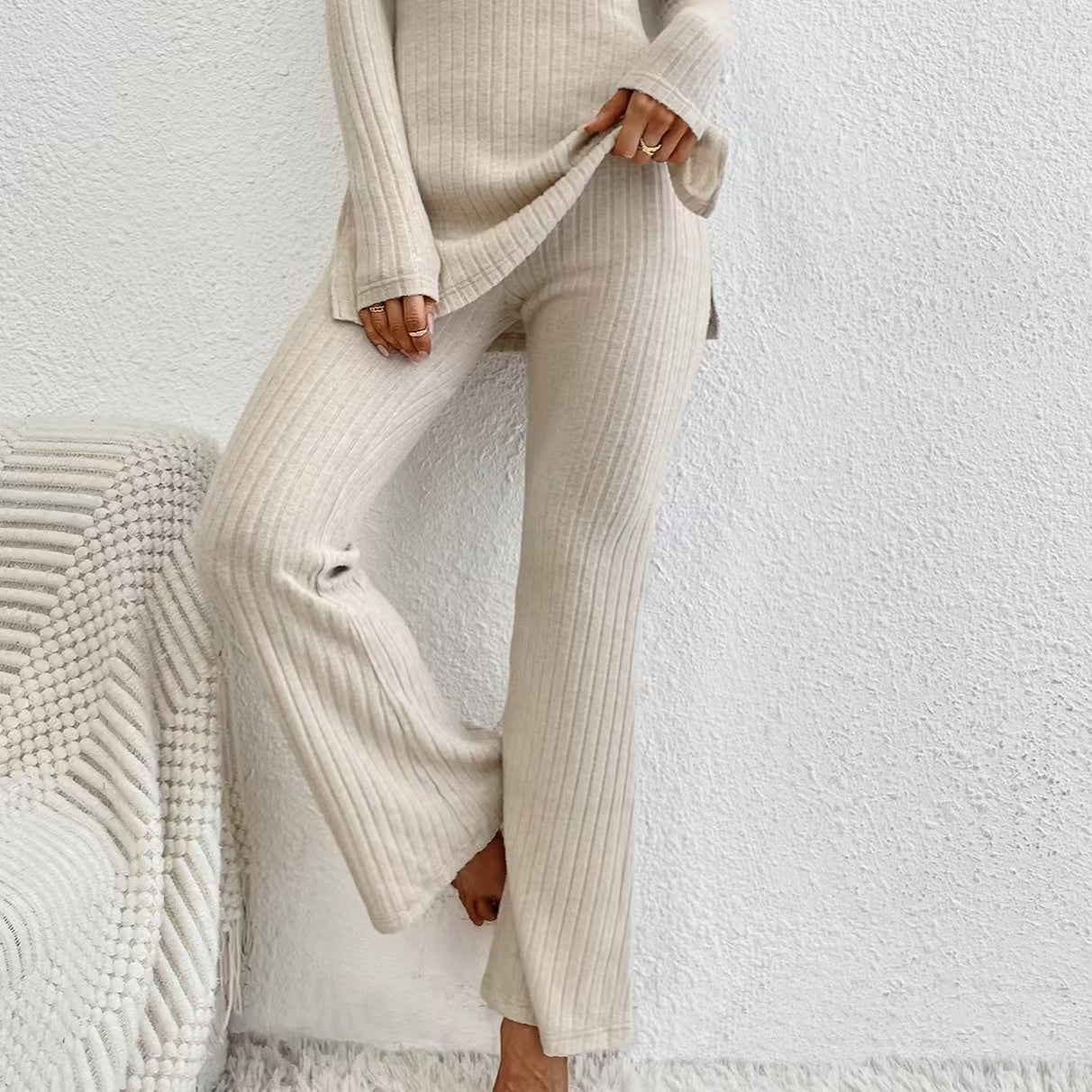 Women's Solid Color Set 2-piece Fashionable Ribbed V-neck Top And Pants Set Knitted CJ US