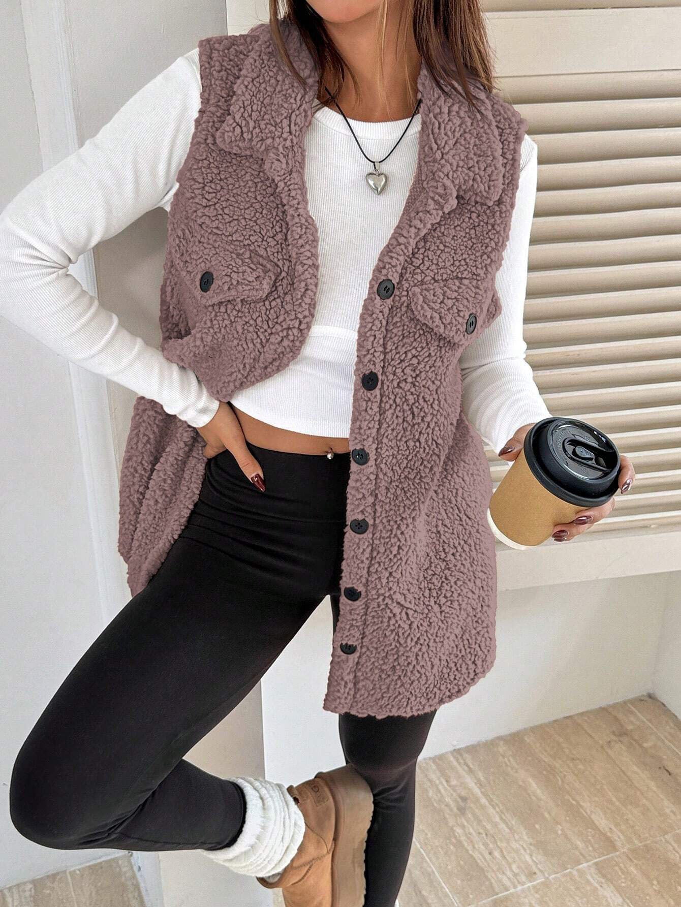 Wool-Like Sleeveless Vest with Lapel 