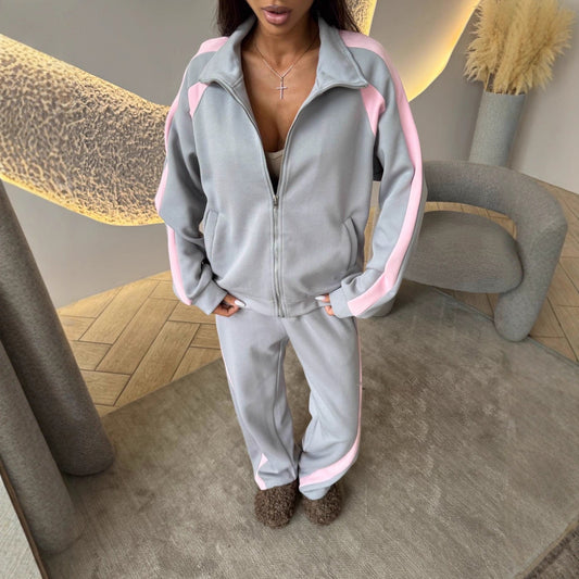 Womens Long-Sleeve Zip-Up Jacket And Sweatpants Two-Piece Set 