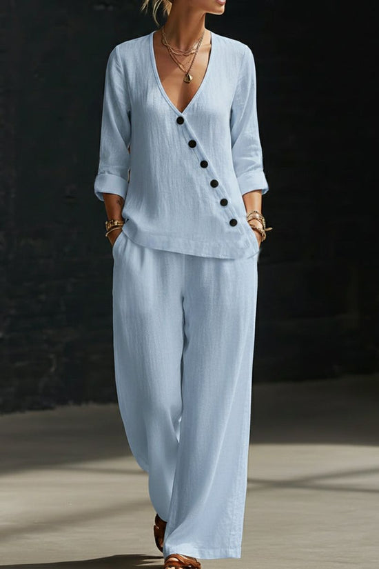 Loose-fitting V-neck Cross-over Shirt And Wide-leg Pants 