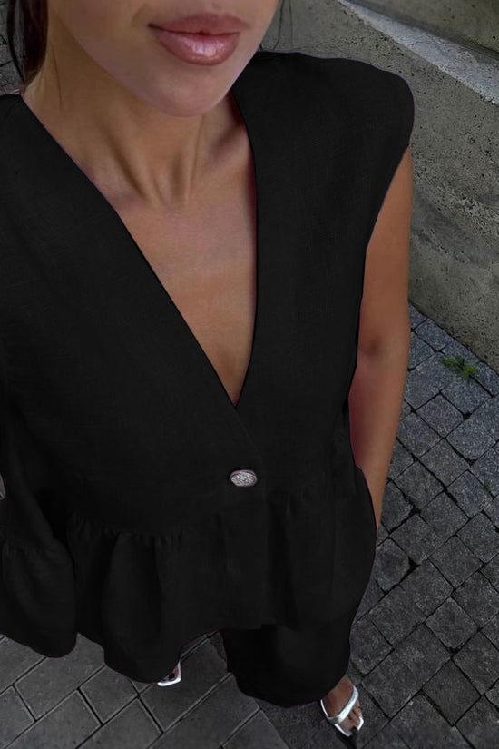 Womens Cotton V-Neck Sleeveless Vest And Wide-Leg Pants Set 