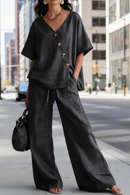 Casual Vacation Loose Cotton-Linen V-Neck Wide-Leg Pants Two-Piece Set 