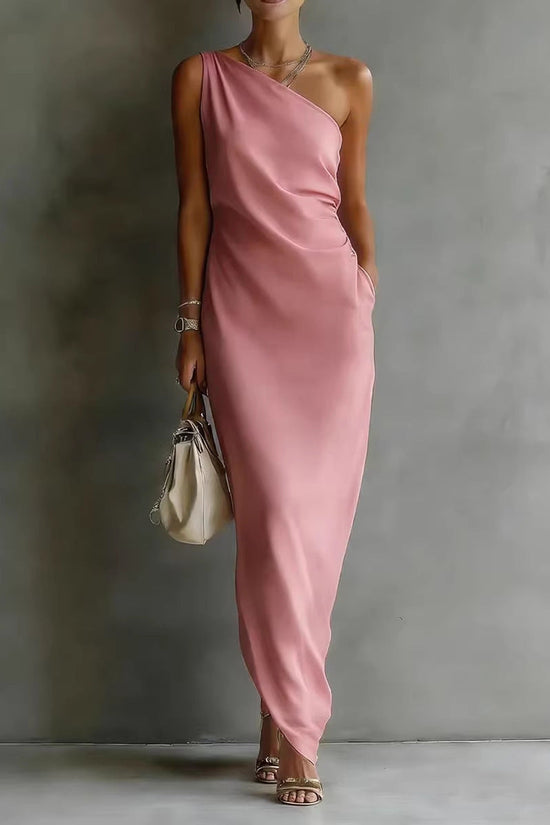 Elegant Satin Off-shoulder Draping Slim-fit Maxi Dress 