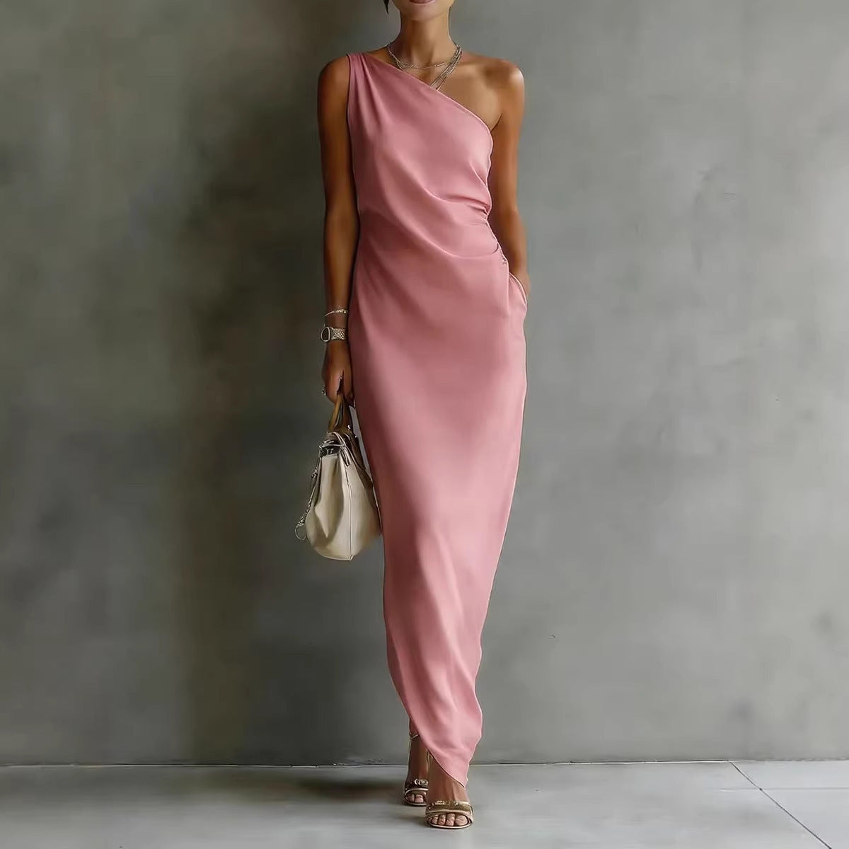 Elegant Satin Off-shoulder Draping Slim-fit Maxi Dress 