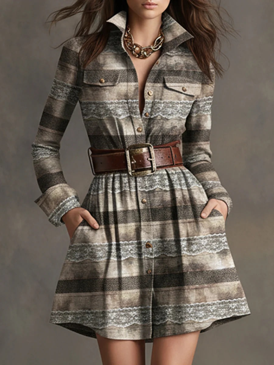 European And American Elegant Plaid Long Sleeve Short Dress Belt 