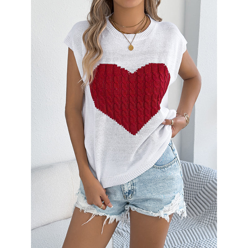 Women's Heart Color Block Knit Top - Casual Sleeveless Valentine Shirt 