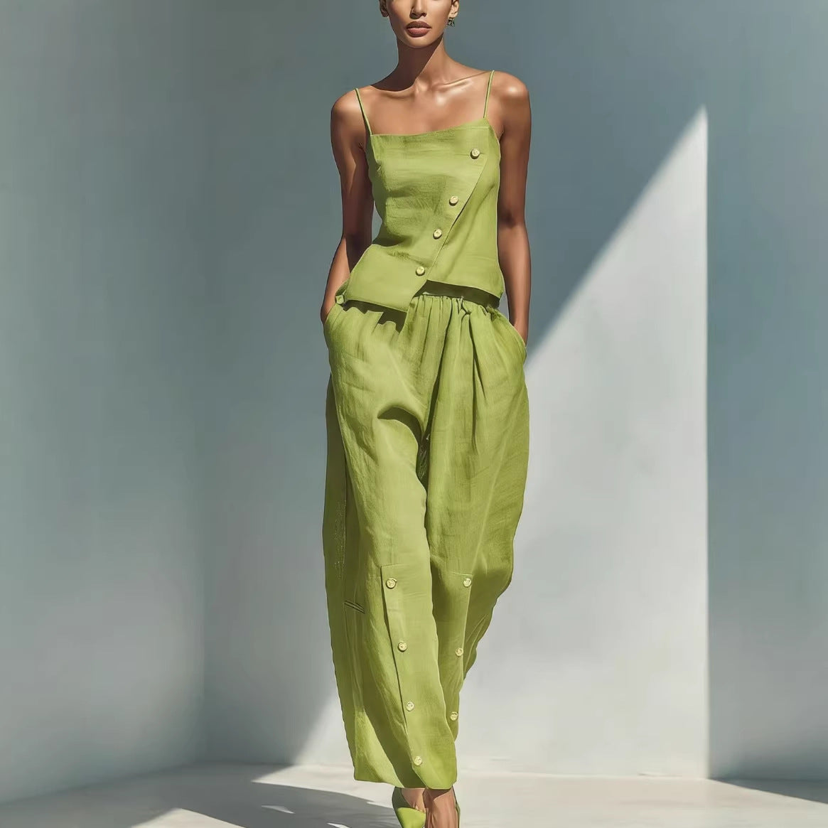 Gold-buckle Decorated Camisole And Pants Set 