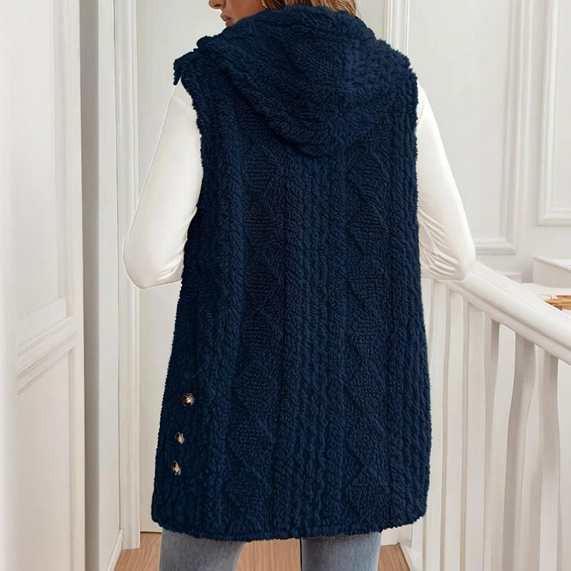 Women's Textured Sleeveless Hooded Vest, Button-Front Layering Piece For Fall & Winter Outfits CJ US
