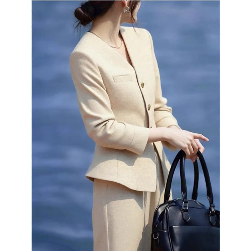 Waist-grabbing Beige Coat And Wide-leg Pants Set 