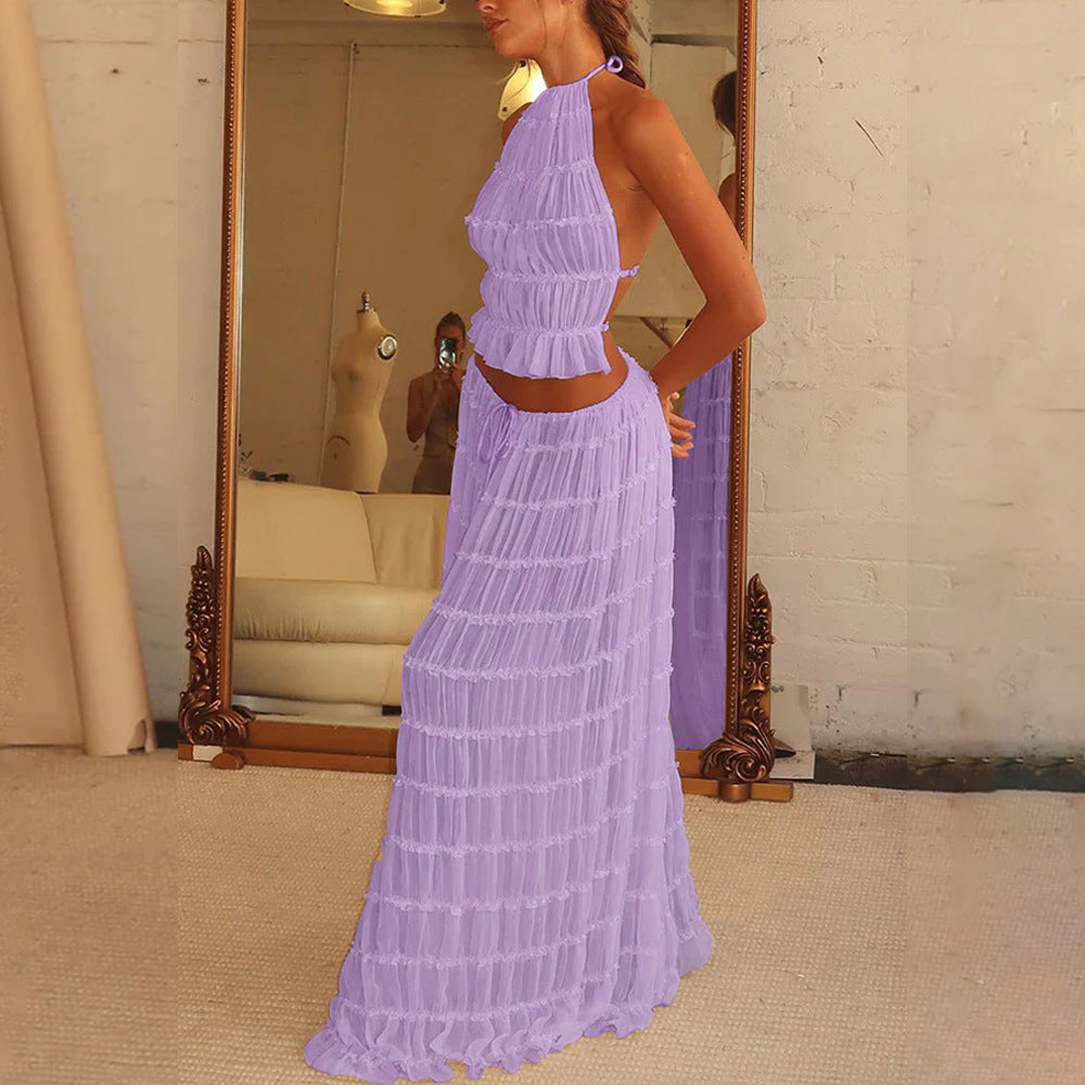 2pcs Women's Dress Suit Sexy Sleeveless Backless Cropped Halter Top And Pleated Long Skirt Beach Clothing FitiqueFit