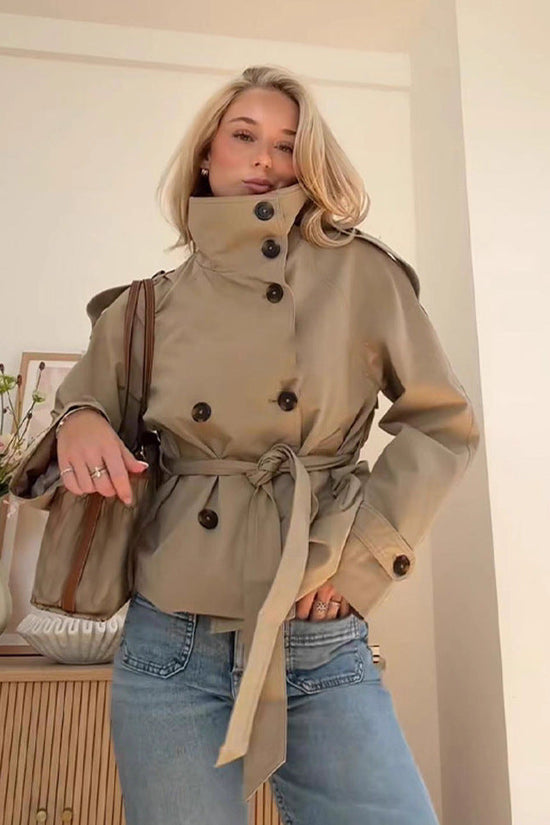 Womens Buttoned Waist-Cinching Lace-Up Trench Coat 