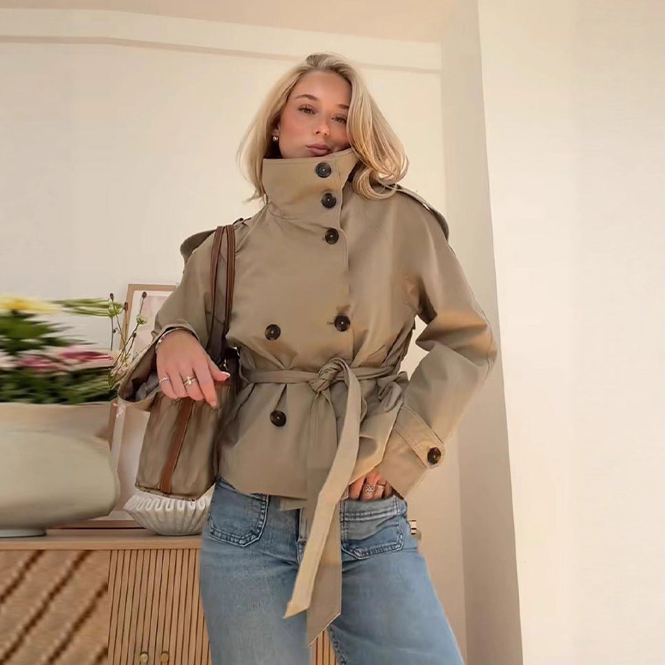 Womens Buttoned Waist-Cinching Lace-Up Trench Coat 