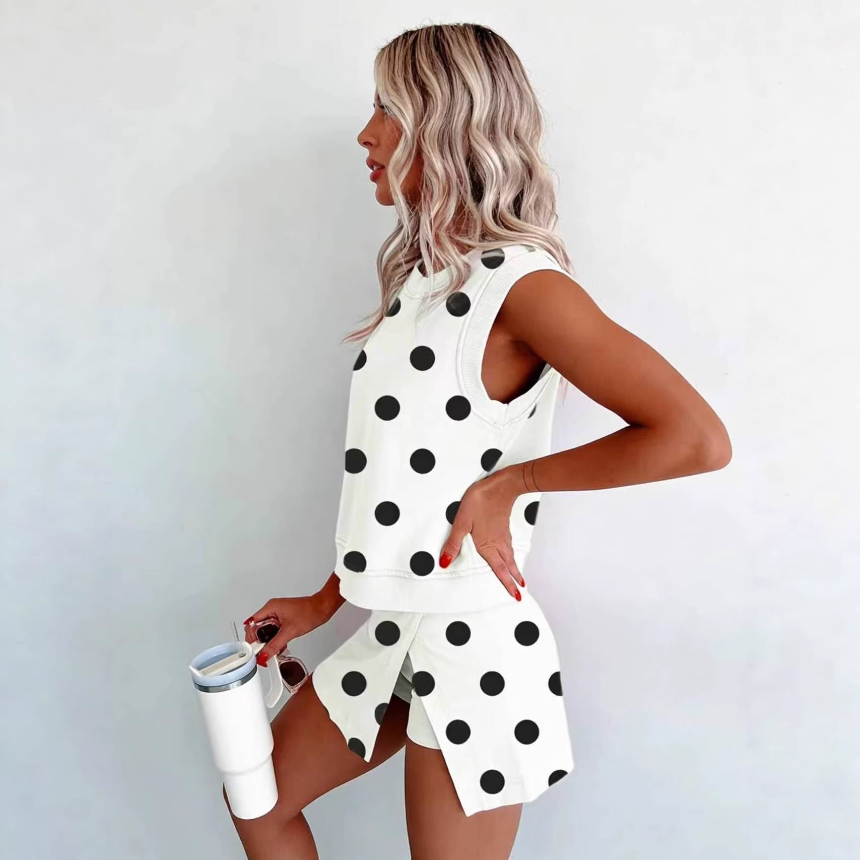 Casual Polka-Dot Sleeveless Tank Top Two-Piece Set 