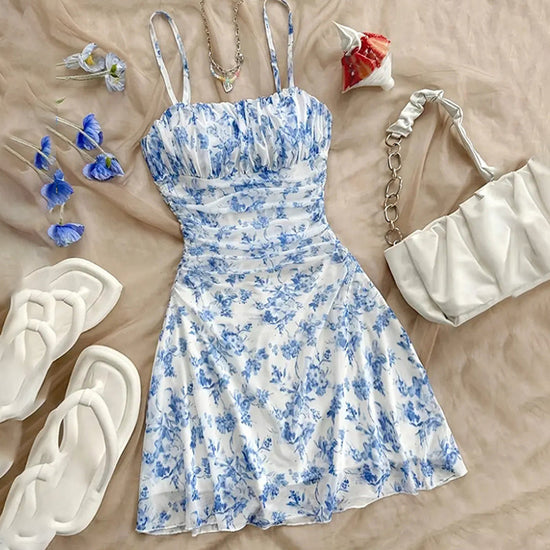 Boho Floral Spaghetti Strap Mini Dress – Ruched Ruffle Hem Vacation Sundress CJ