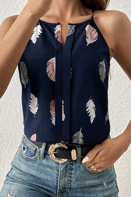 Women’s Feather Print Notch V-Neck Camisole Vest CJ US
