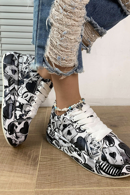 Round-Toe Thick-Sole Lace-Up Sneakers — Women’s Casual Print Shoes 