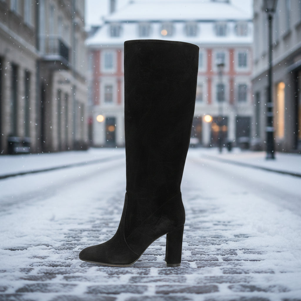 Suede Pleated High Heel Thick Heel Pointed Sleeve Boots CJ