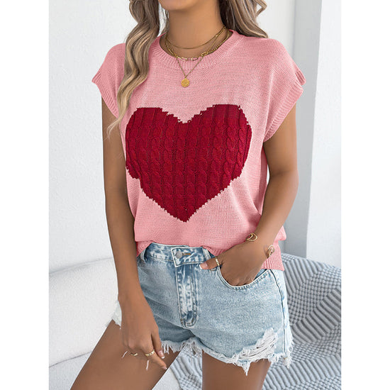 Women's Heart Color Block Knit Top - Casual Sleeveless Valentine Shirt 