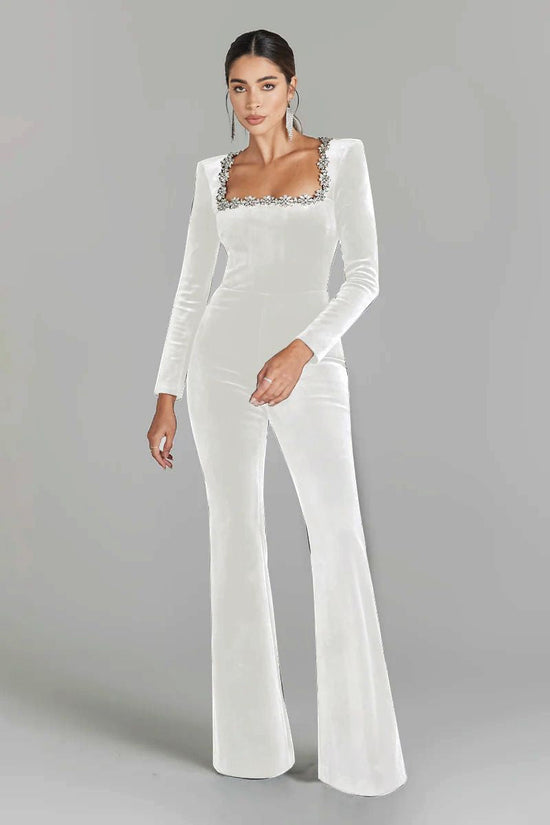 Women’s Diamond-Encrusted Square-Collar Flared Jumpsuit CJ