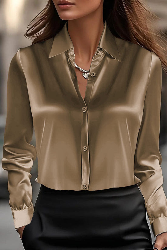 Spring And Autumn Temperament Long Sleeve Satin Swing Collar Top Shirt For Women 