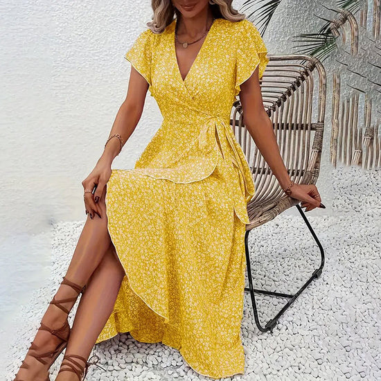 Summer Floral Boho Dress - Short Sleeve Ruffle Flowy Maxi Dresses CJ US