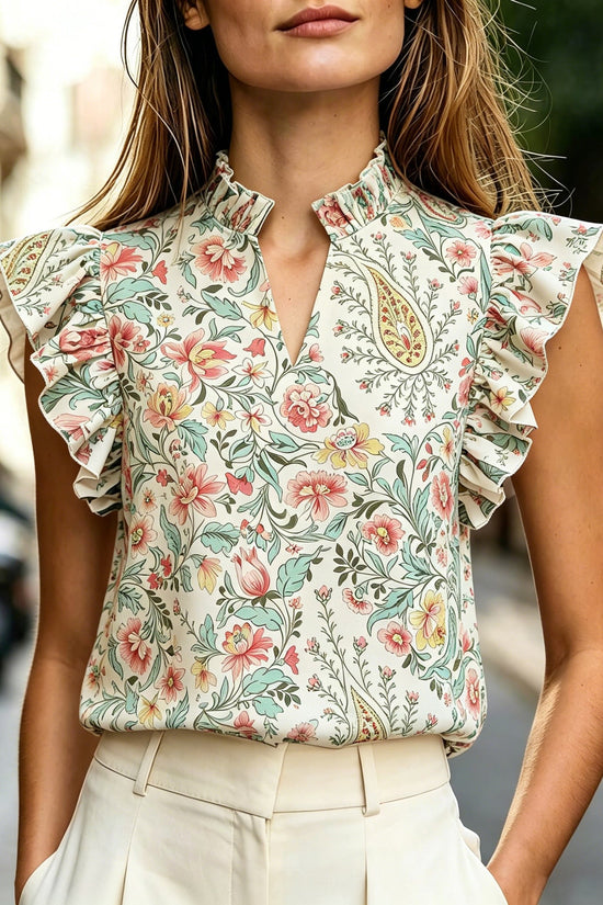 Women's Retro Ruffle-Trimmed Printed Sleeveless Shirt 