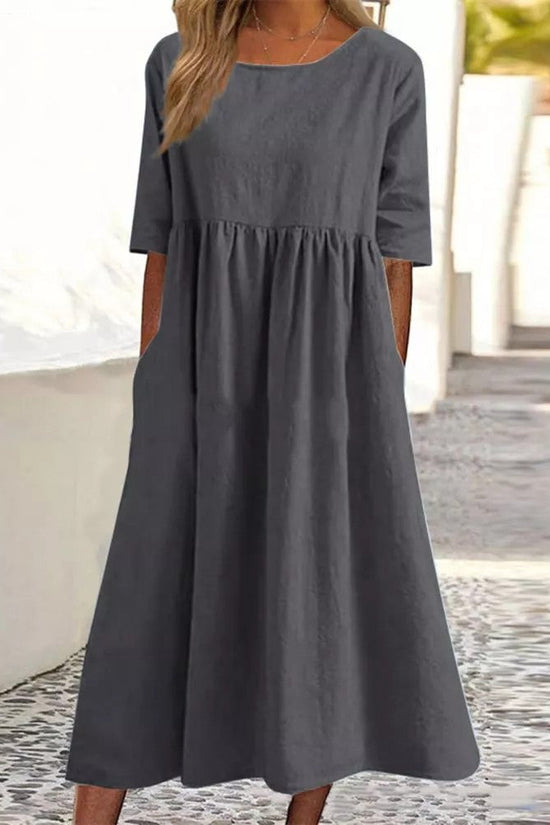 Plus Size Loose Cotton Linen Dress, Round Neck  Sleeve Midi Dress With Pockets 