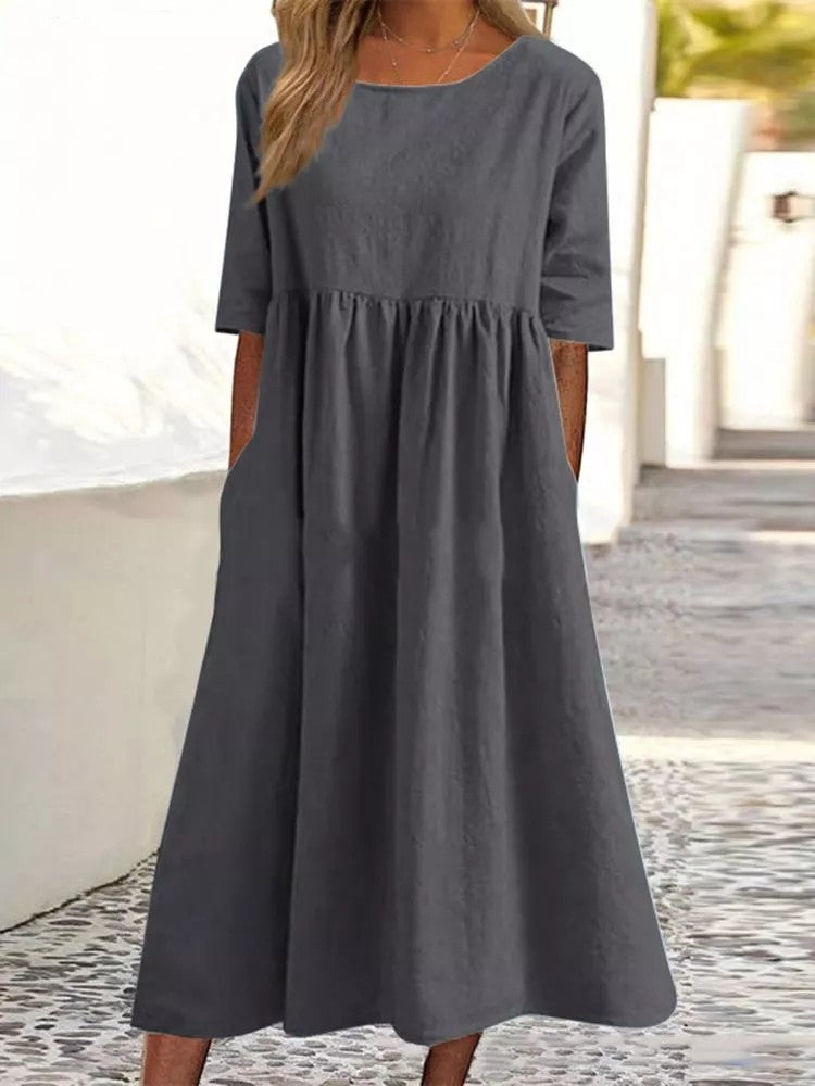 Plus Size Loose Cotton Linen Dress, Round Neck  Sleeve Midi Dress With Pockets 
