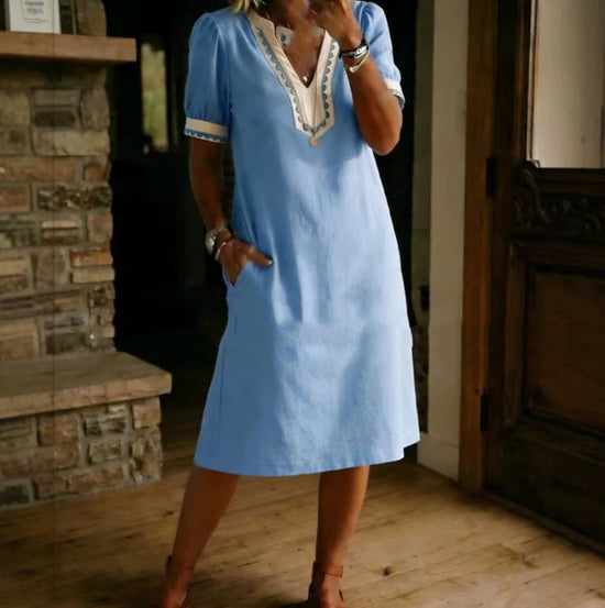 Loose-fit Patchwork Lace Cotton Short-sleeve Dress 