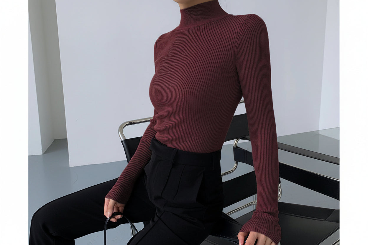 Womens Fashionable Tight-Fit Crew-Neck Knitted Top 