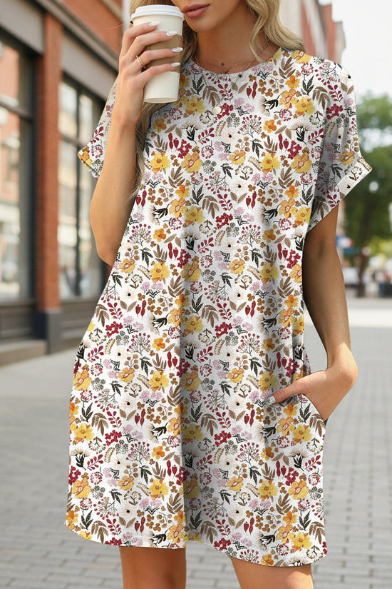 Loose Round-Neck Short-Sleeve Printed Pocket Dress 