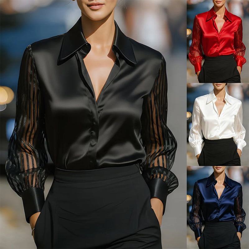 Elegant Women's Satin Blouse - Classic Lapel Collar, Sheer Long Sleeve, Button-Down Shirt With Smooth Flowy Design For Spring & Autumn Office Wear 