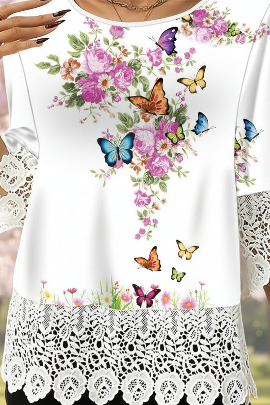 Lace-printed Three-quarter-sleeve T-shirt Top For Women 