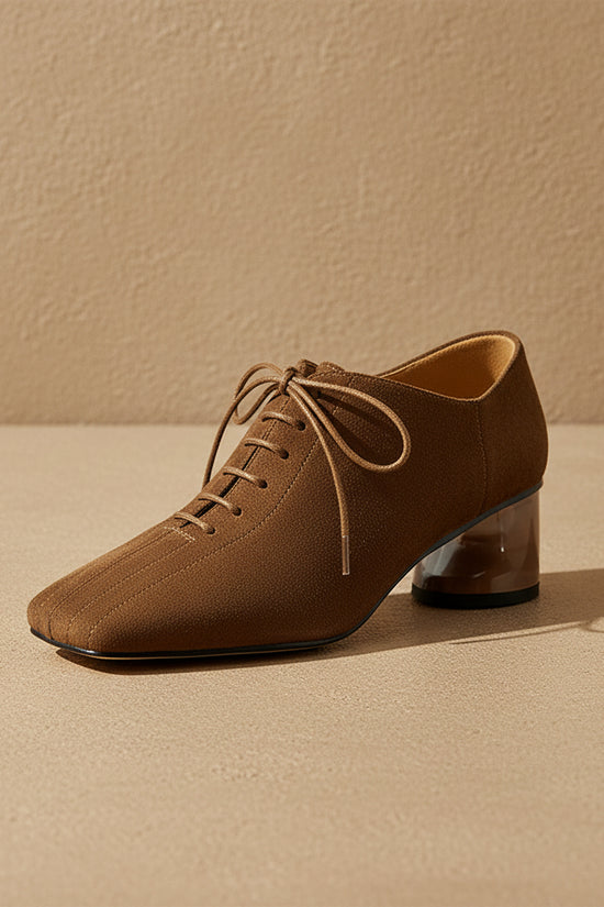 Womens New Retro Sheepskin Chunky-Heel Pumps With A Square Toe 
